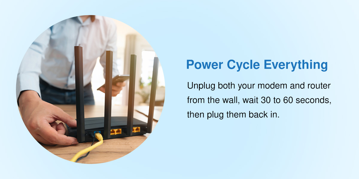 Power cycle everything: Unplug modem and router, wait 30-60 seconds, then plug back in.