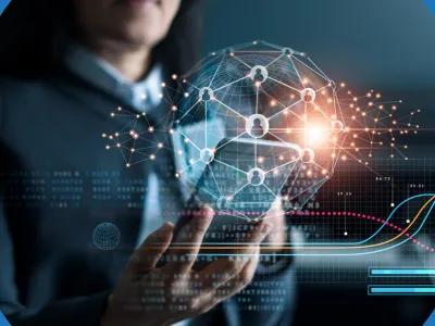 Woman holding phone with internet diagram