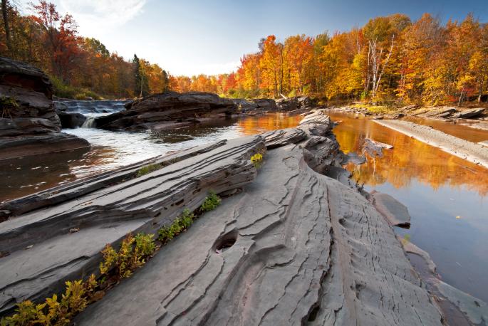 rocks along river with fall leaves